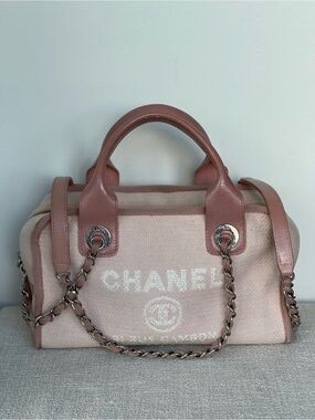 CHANEL Small Deauville Pink Canvas and Leather Top-Handle Bowling Shoulder Bag